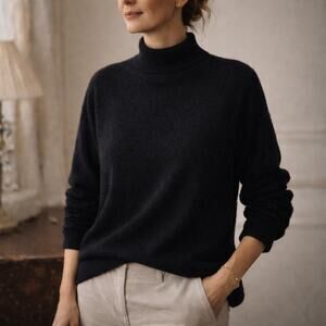 Lands' End 100% Cashmere Sz S Black Mockneck Tunic Sweater Quiet Luxury NWT